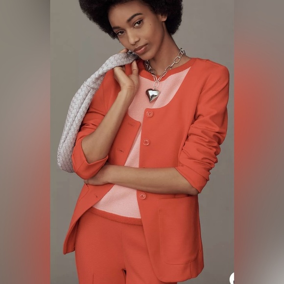 Anthropologie Maeve Blazer Scoop Neck Cutaway Red Jacket - Picture 10 of 11